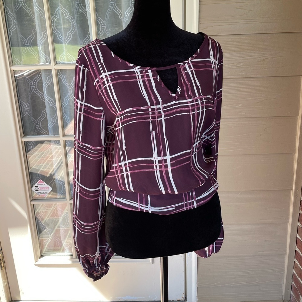 BCX Plaid Blouse Top Size M Burgundy Sheer Long Sleeve